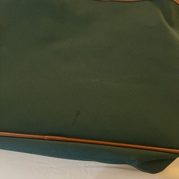 Polo Ralph Lauren Canvas Messenger Crossbody Bag Tote Green Brown Trim 15” Wide - Picture 10 of 14